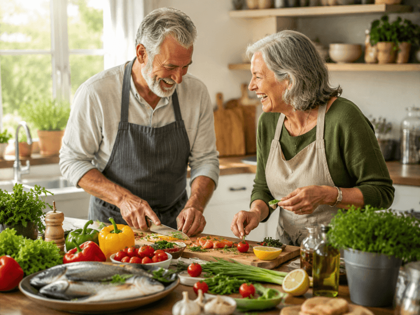 Älteres Paar beim gesunden Kochen – Ernährung ab 60, Nährstoffbedarf im Alter